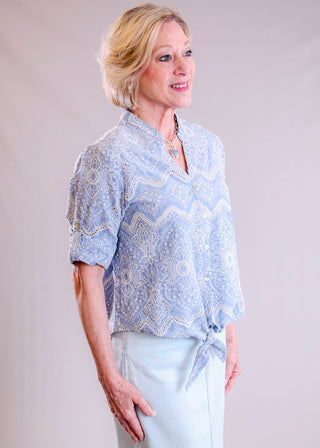 Charlie B Embroidered Eyelet Top with Tie Front side view - Fashion Crossroads Inc.