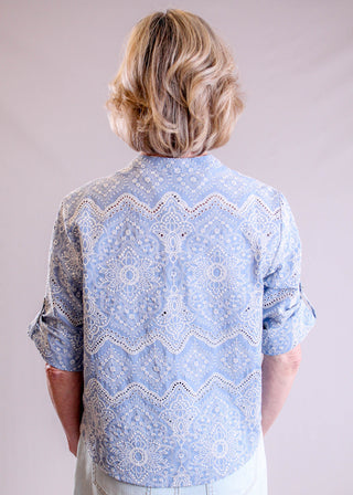 Charlie B Embroidered Eyelet Top with Tie Front back view - Fashion Crossroads Inc.