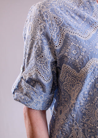 Charlie B Embroidered Eyelet Top with Tie Front sleeve view - Fashion Crossroads Inc.