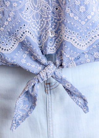 Charlie B Embroidered Eyelet Top with Tie Front tie view - Fashion Crossroads Inc.