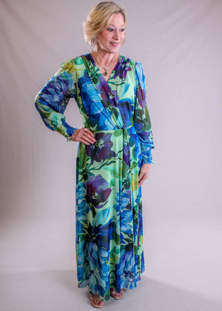 Maggie London Floral Blouson Sleeve Plunge Neck Dress modeled view - Fashion Crossroads Inc.