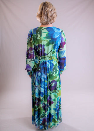 Maggie London Floral Blouson Sleeve Plunge Neck Dress back view - Fashion Crossroads Inc.