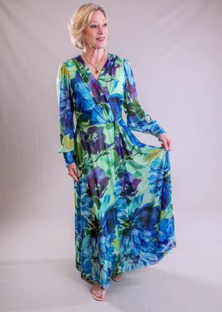Maggie London Floral Blouson Sleeve Plunge Neck Dress overlay view - Fashion Crossroads Inc.