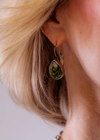Myka Nina Euroback Earring with Olivine Swarovski Crystal close up view - Fashion Crossroads Inc.