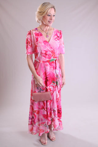 Maggie London Floral High-Low Dress with Tie Waist front view - Fashion Crossroads Inc.