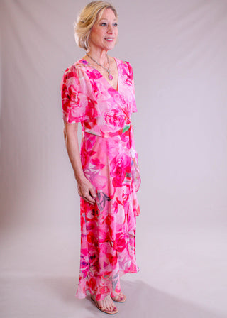 Maggie London Floral High-Low Dress with Tie Waist side  view - Fashion Crossroads Inc.