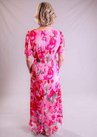 Maggie London Floral High-Low Dress with Tie Waist back view - Fashion Crossroads Inc.