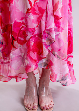 Maggie London Floral High-Low Dress with Tie Waist hem view - Fashion Crossroads Inc.