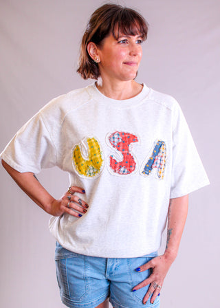 Easel Short Sleeve U.S.A. Patch Top front view - Fashion Crossroads Inc
