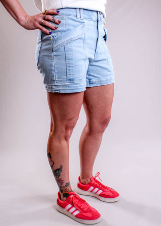 Democracy Utility Short With Pockets side view - Fashion Crossroads Inc