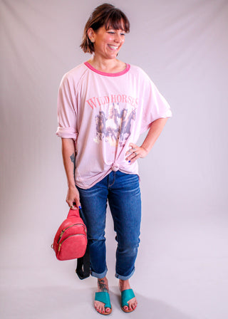 Easel 3/4 Sleeve Wild Horses Western Print Top styled view - Fashion Crossroads Inc.