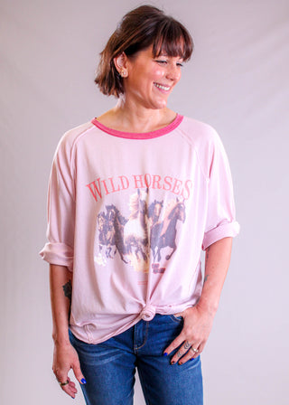 Easel 3/4 Sleeve Wild Horses Western Print Top tied view - Fashion Crossroads Inc.