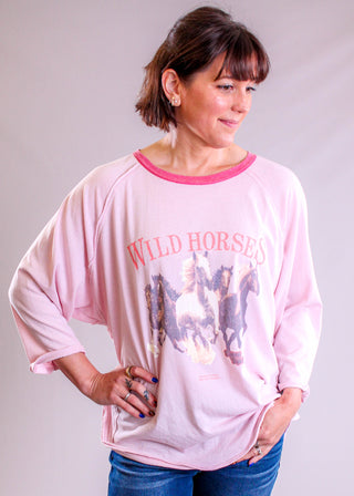 Easel 3/4 Sleeve Wild Horses Western Print Top loose view - Fashion Crossroads Inc.