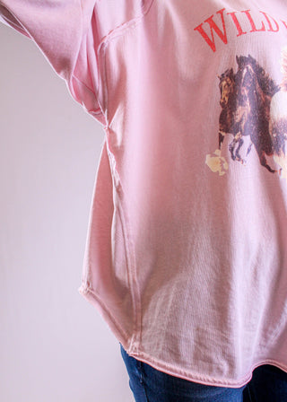 Easel 3/4 Sleeve Wild Horses Western Print Top detailed view - Fashion Crossroads Inc.
