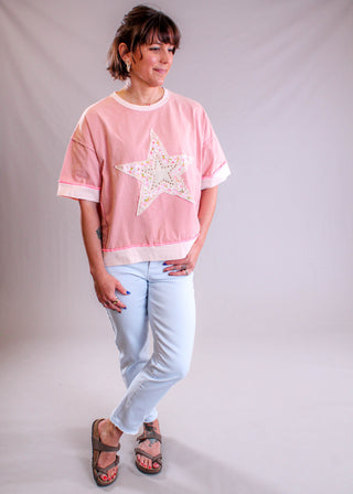 Easel Short Sleeve Star Patch Cropped Top model view - Fashion Crossroads Inc. 