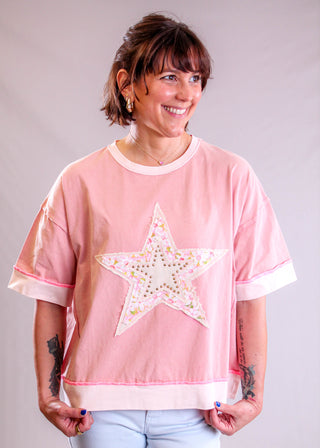 Easel Short Sleeve Star Patch Cropped Top front view - Fashion Crossroads Inc. 