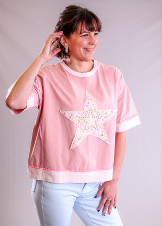 Easel Short Sleeve Star Patch Cropped Top front view - Fashion Crossroads Inc. 