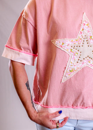 Easel Short Sleeve Star Patch Cropped Top detail view - Fashion Crossroads Inc. 