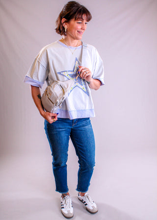 Easel Short Sleeve Star Patch Cropped Top model view - Fashion Crossroads Inc. 