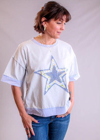 Easel Short Sleeve Star Patch Cropped Top front view - Fashion Crossroads Inc. 