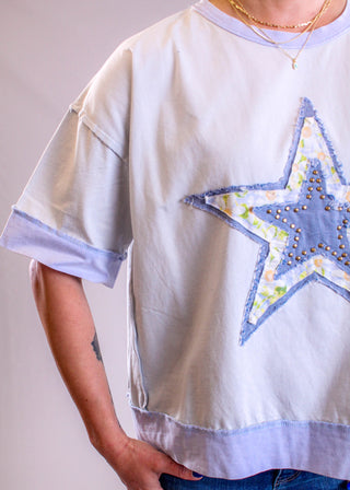 Easel Short Sleeve Star Patch Cropped Top detail view - Fashion Crossroads Inc. 