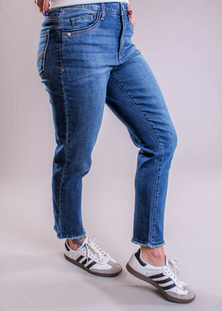 Democracy Slim Straight Leg Jean With Frayed Hem side view - Fashion Crossroads Inc 