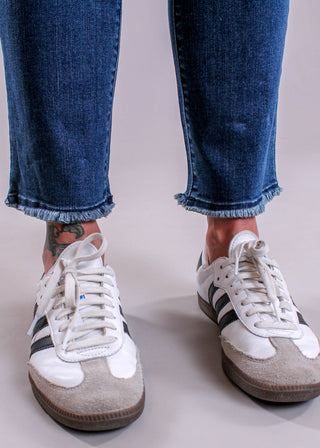 Democracy Slim Straight Leg Jean With Frayed Hem detail view - Fashion Crossroads Inc 