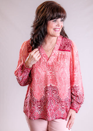 Liverpool Long Sleeve Printed Top with V Neck front view - Fashion Crossroads Inc