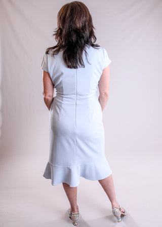 Maggie London Pleated Surplice Dress with Cap Sleeves back view - Fashion Crossroads Inc 