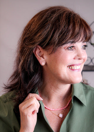 Kendra Scott Brynne Necklace in Blush Mother of Pearl modeled view - Fashion Crossroads Inc.