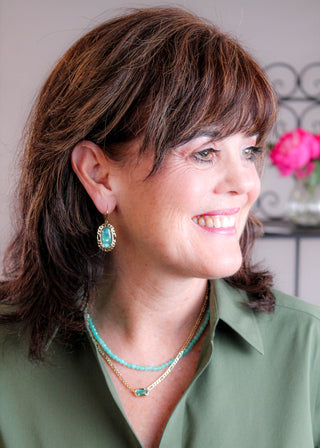 Kendra Scott Dani Figaro Frame Earring in Aqua Illusion modeled view - Fashion Crossroads Inc.