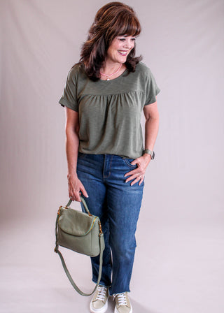 Staccato Slub Jersey Top with Gathered Yoke model view - Fashion Crossroads Inc