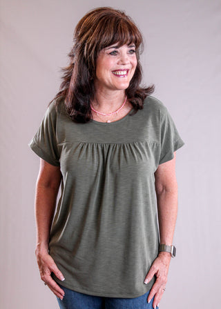 Staccato Slub Jersey Top with Gathered Yoke front view - Fashion Crossroads Inc