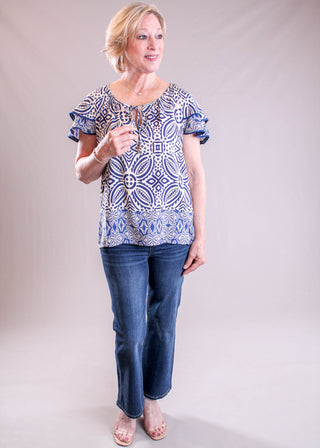 Tribal Sportswear Flutter Sleeve Blouse with Tie Neck model view - Fashion Crossroads Inc