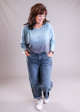 Democracy Absolution Barrel Leg Jean modeled view - Fashion Crossroads Inc.