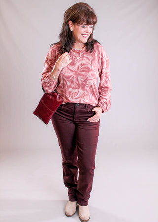 Democracy Embroidered Scoop Neck Top with Long Sleeves model view - Fashion Crossroads Inc. 