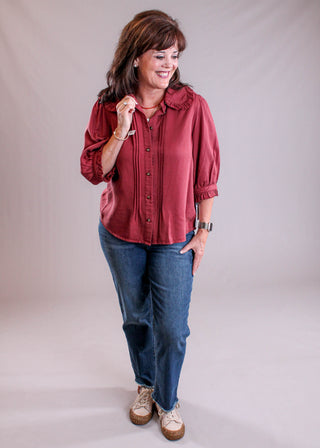 Democracy Button Down Blouse with Ruffle Edge front view - Fashion Crossroads Inc 