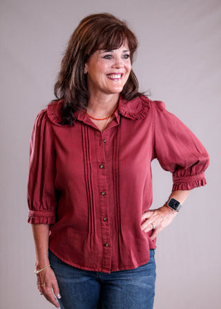 Democracy Button Down Blouse with Ruffle Edge front view - Fashion Crossroads Inc 