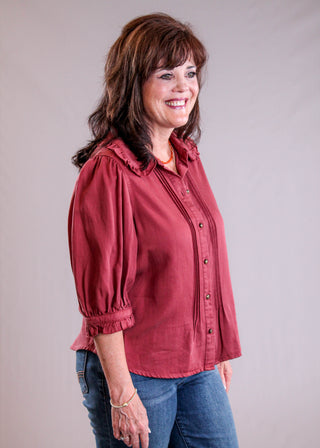 Democracy Button Down Blouse with Ruffle Edge front view - Fashion Crossroads Inc 