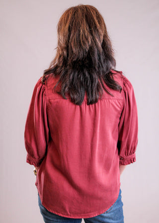 Democracy Button Down Blouse with Ruffle Edge front view - Fashion Crossroads Inc 