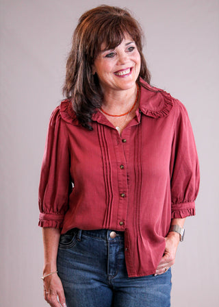 Democracy Button Down Blouse with Ruffle Edge front view - Fashion Crossroads Inc 