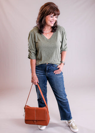 Democracy Scallop V Neck Top with Puff Elbow Sleeves model view - Fashion Crossroads Inc