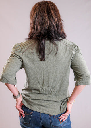 Democracy Scallop V Neck Top with Puff Elbow Sleeves back view - Fashion Crossroads Inc