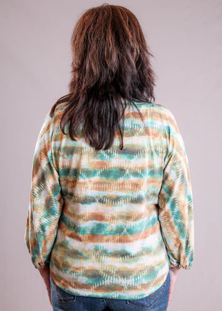 Democracy 3/4 Blouson Sleeve Top with Boat Neck back view - Fashion Crossroads Inc