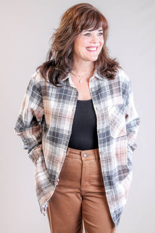 Tribal Sportswear Long Sleeve Plaid Shirt with Fringe Hem layered view - Fashion Crossroads Inc.
