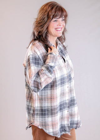 Tribal Sportswear Long Sleeve Plaid Shirt with Fringe Hem side view - Fashion Crossroads Inc.
