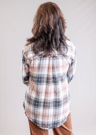 Tribal Sportswear Long Sleeve Plaid Shirt with Fringe Hem back  view - Fashion Crossroads Inc.