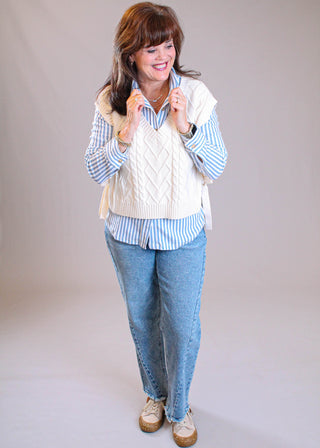 Blu Pepper Striped Button Down Shirt with Long Sleeves modeled view - Fashion Crossroads Inc. 