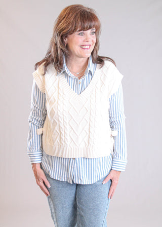 Blu Pepper Cable Sweater Vest with Tie Sides modeled view - Fashion Crossroads Inc.