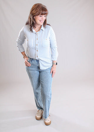 Blu Pepper Striped Button Down Shirt with Long Sleeves styled view - Fashion Crossroads Inc. 
